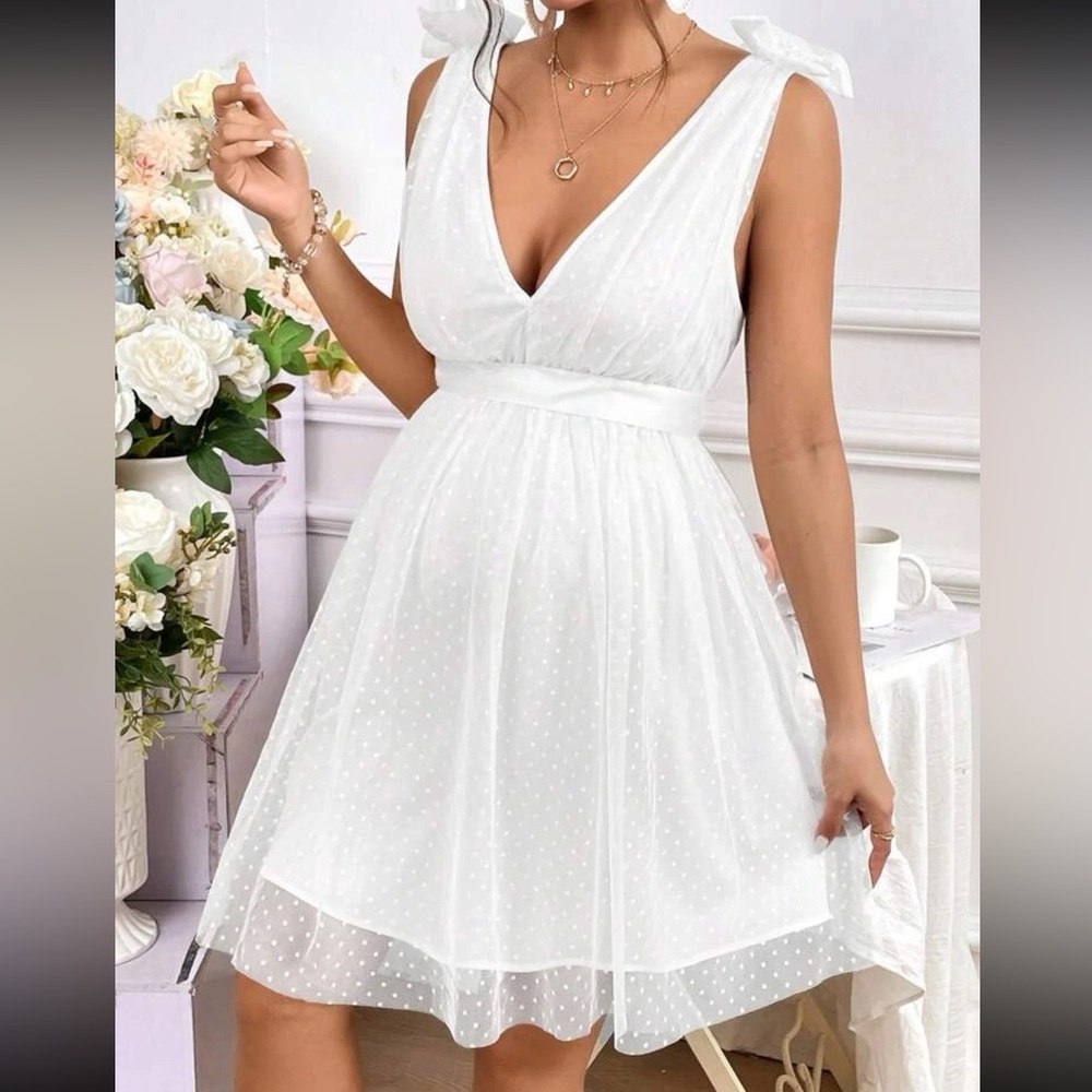 Maternity Bow Shoulder Dobby Mesh Overlay Belted Dress